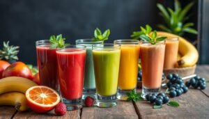 Colorful fruit smoothies in glasses with fresh ingredients surrounding them