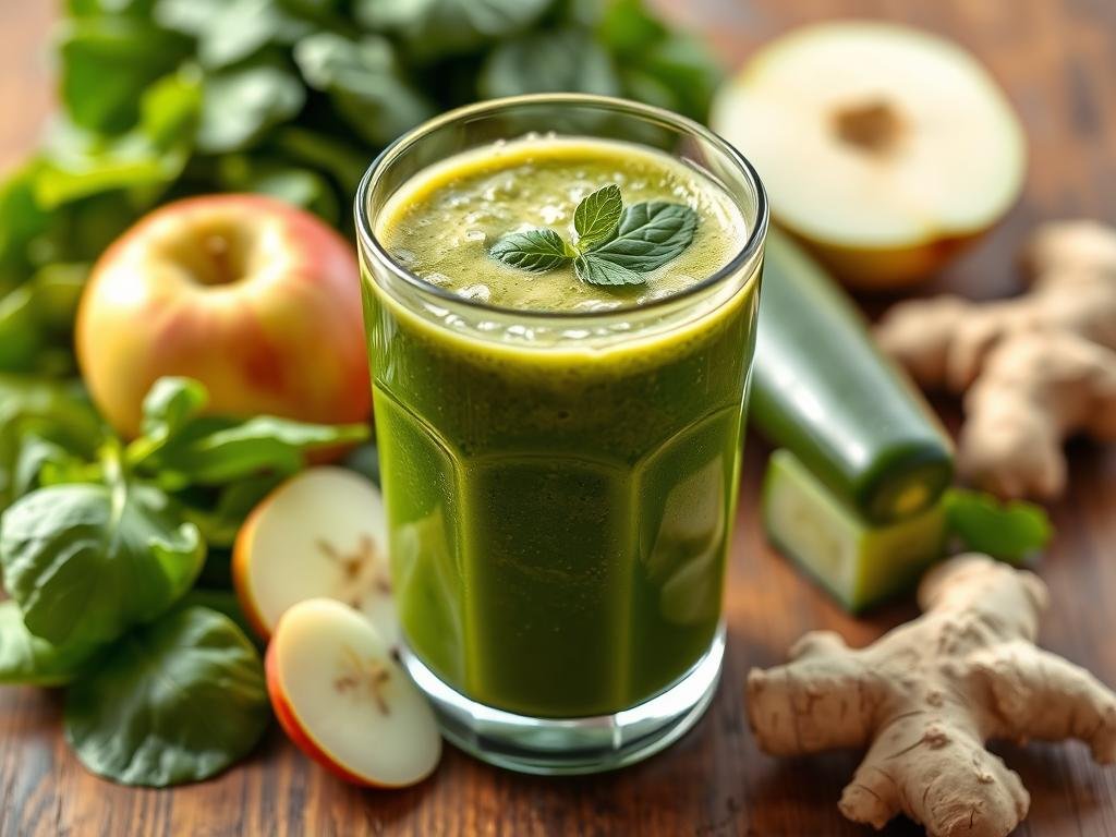 Green detox smoothie in a glass with ingredients like spinach, apple, and cucumber