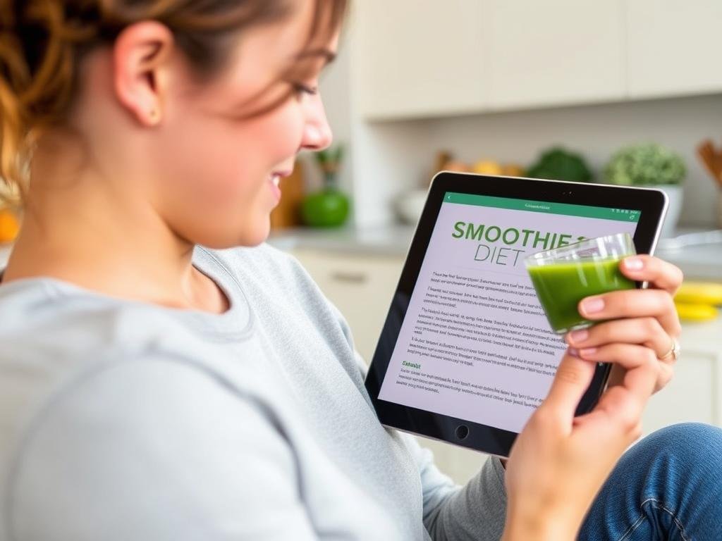 Person enjoying a green smoothie while reading about the smoothie diet plan