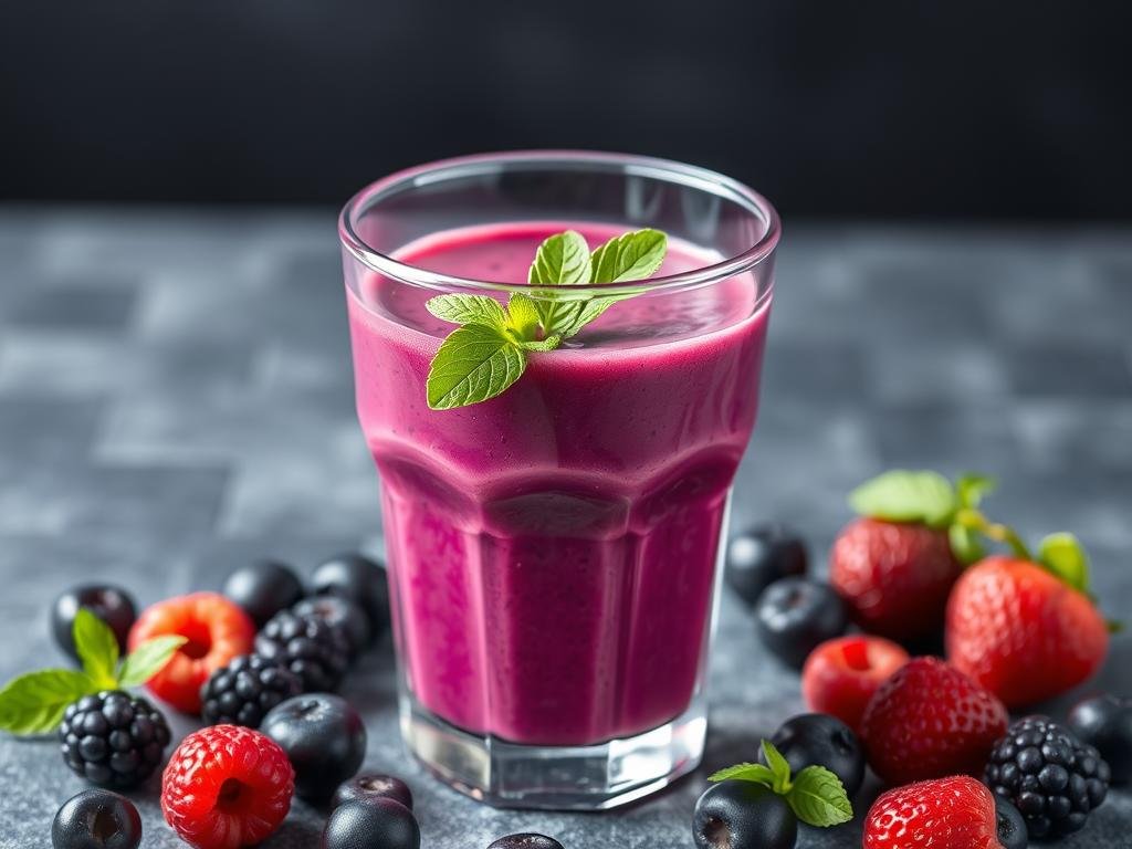 Purple berry smoothie in a glass with fresh berries scattered around