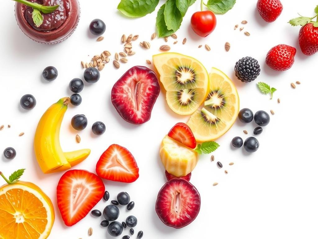 Various smoothie ingredients with a question mark symbol made from fruits